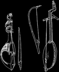 Line drawing of Ravanastron or Ravanhatha instruments