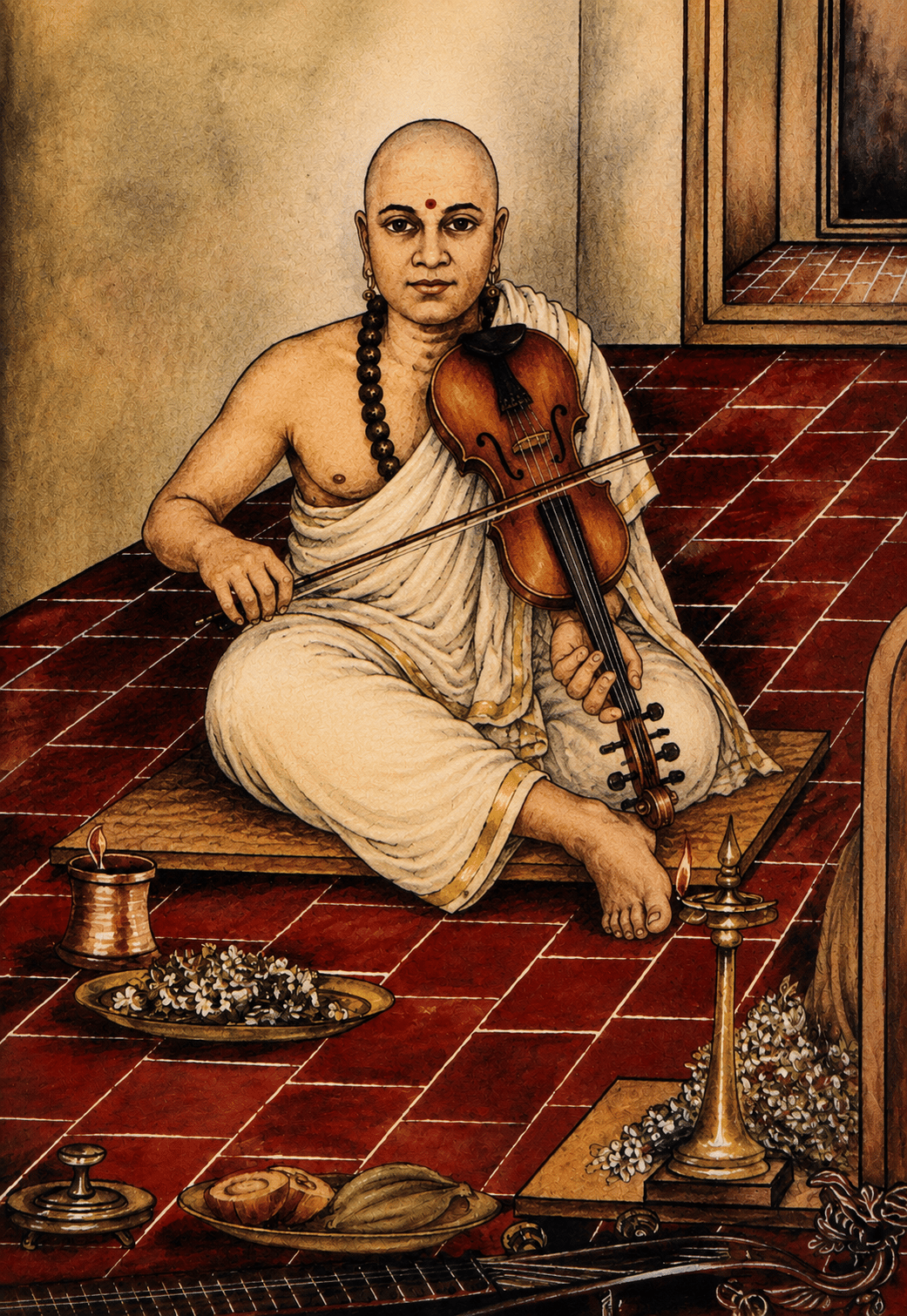 Baluswami Dikshitar seated with violin in Carnatic posture